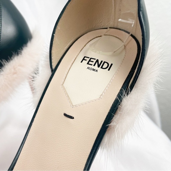 Fendi Mink Fur Trimmed Open Toe Leather Heels Green EU 39 - Picture 6 of 11